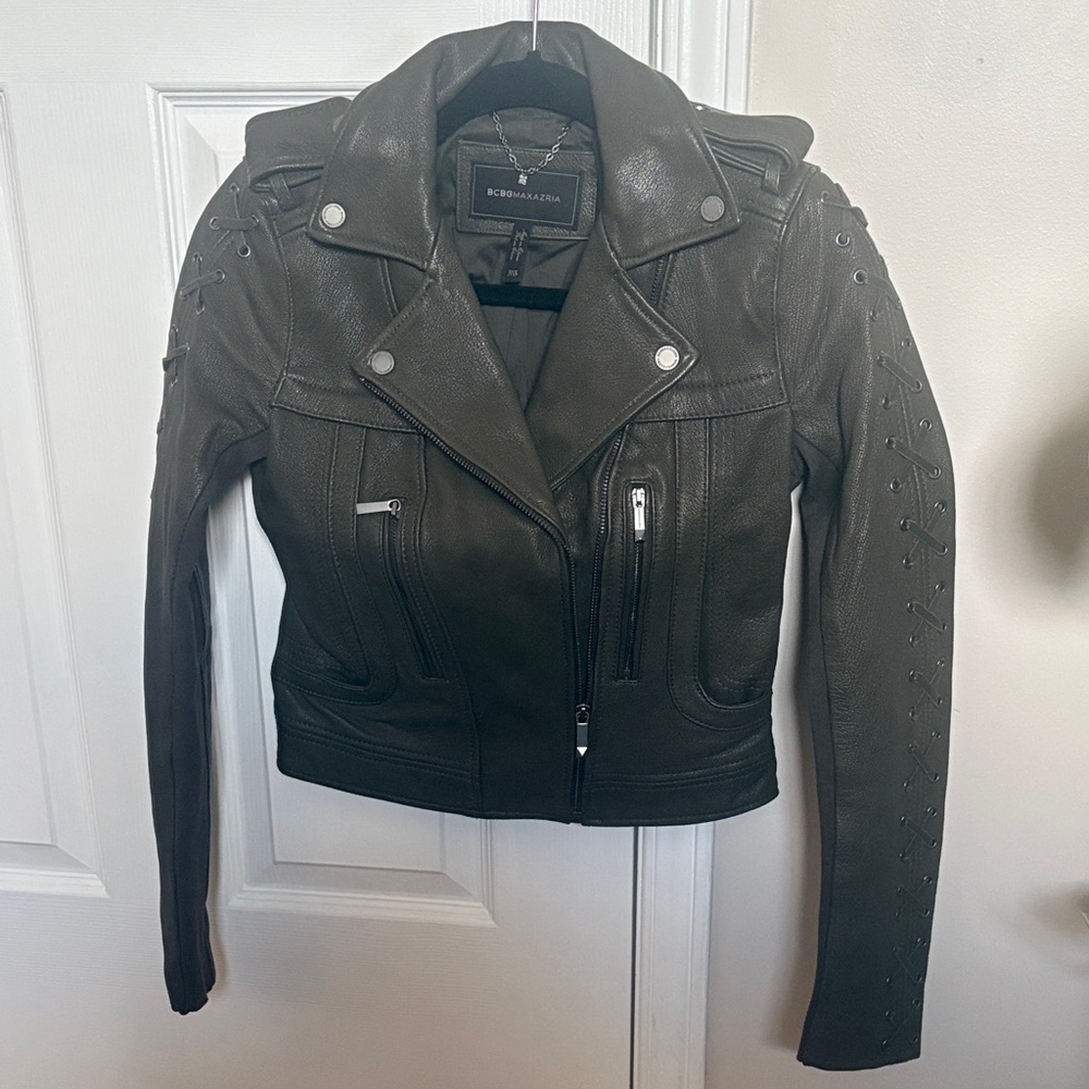 BCBGMaxAzria dark green Leather Moto Jacket with Laced Sleeve Detail